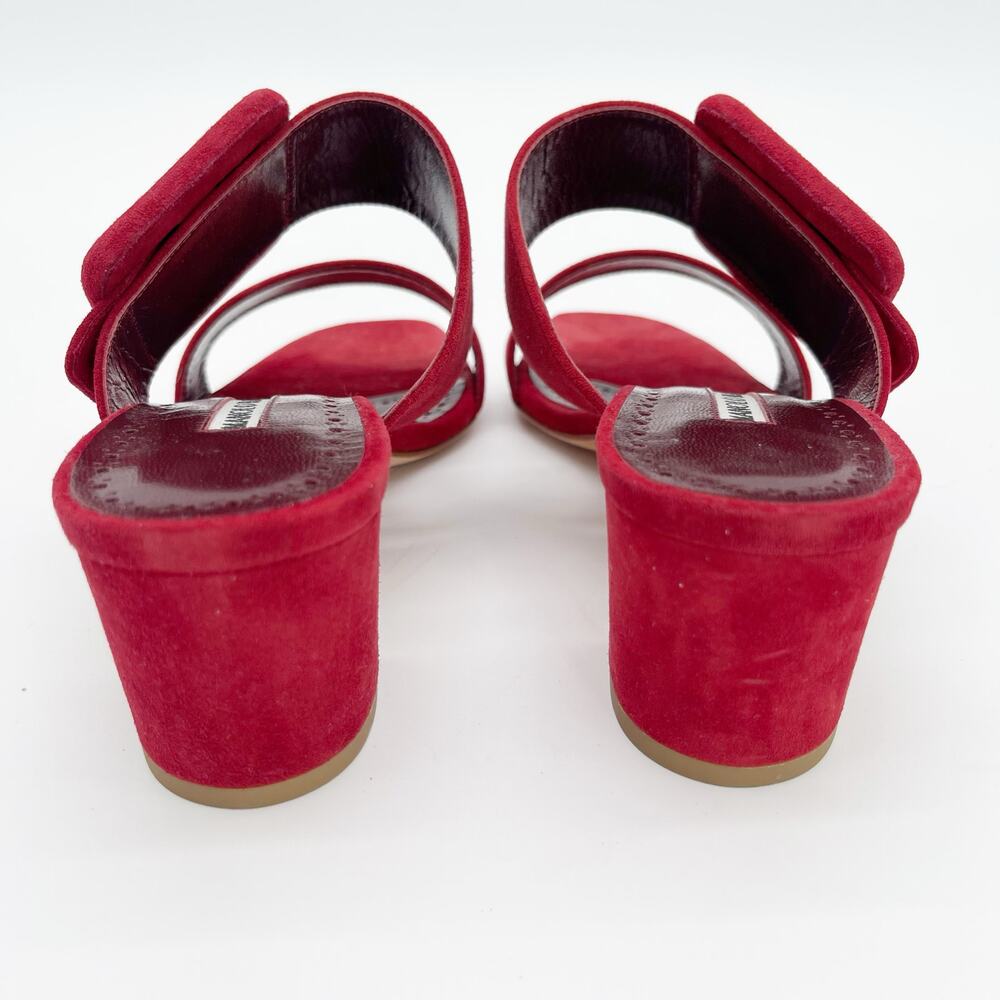 Manolo Blahnik Titubanew Red Suede Open Toe Buckle Mule Sandals Heels IT 37 - Picture 10 of 12